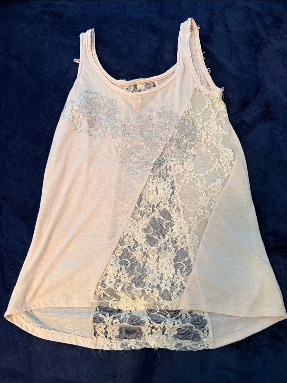 Eyeshadow Blush Lace-Panel Tank Top with Iridescent Floral Detail